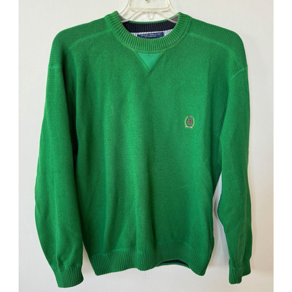 Vintage Mens Tommy Hilfiger Green Sweater Embroidered Crest Pullover M Crew Neck - Picture 1 of 11